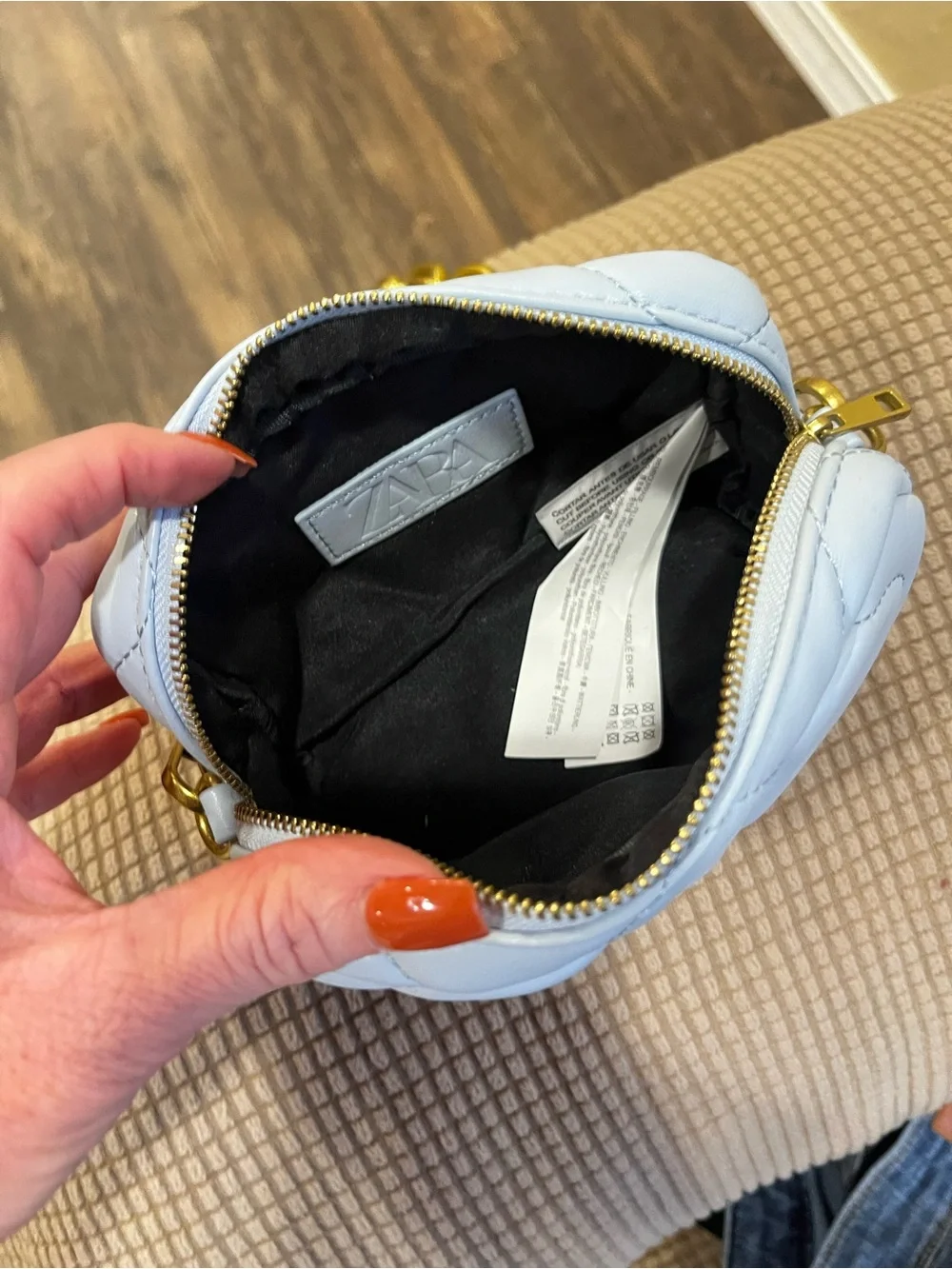 Zara Quilted Light Blue Crossbody Bag with Gold Chain